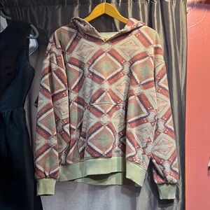 We The Free Geometric Patterned Hoodie - muted coral, beige and sage green